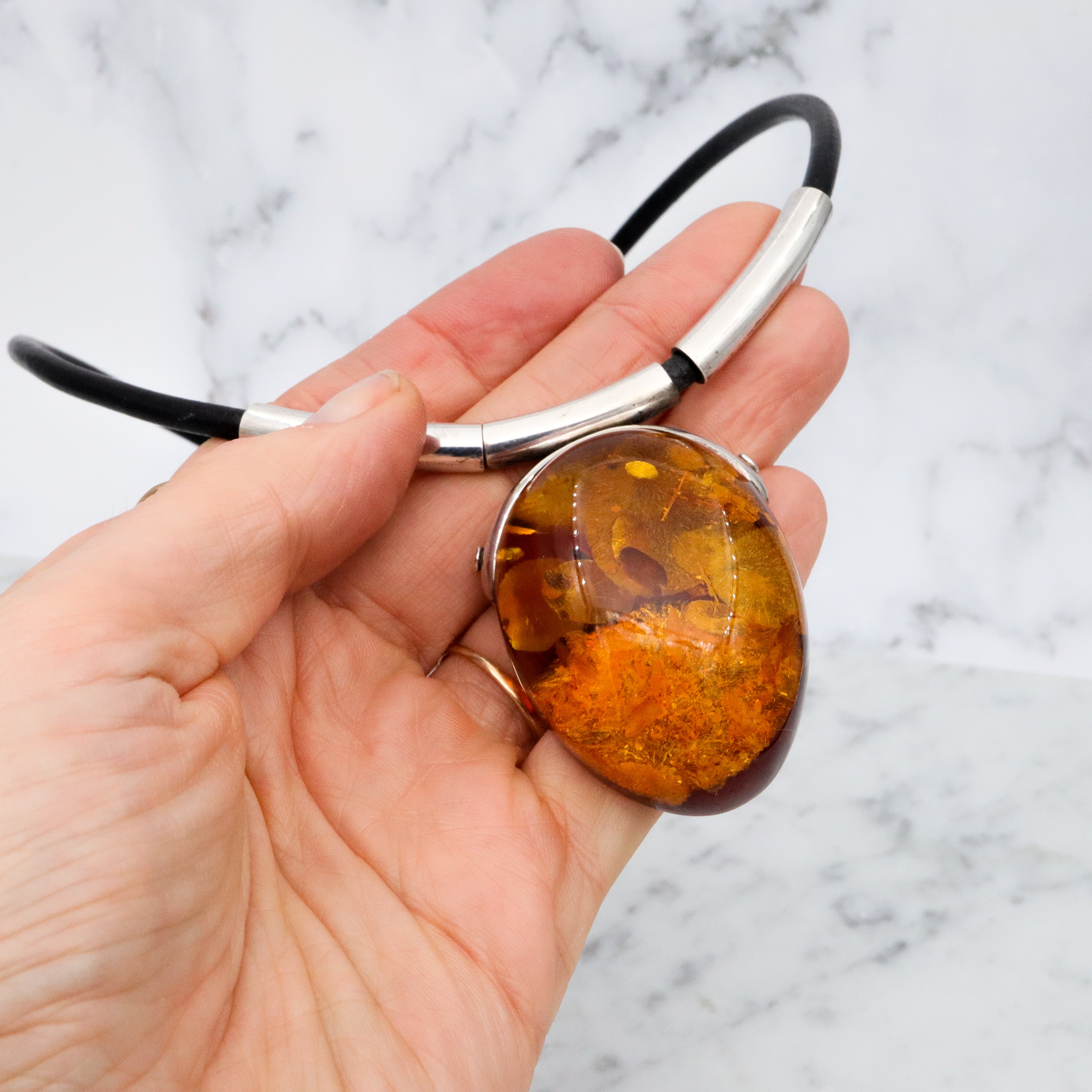 Massive retro amber sterling pendant necklace on leather cord